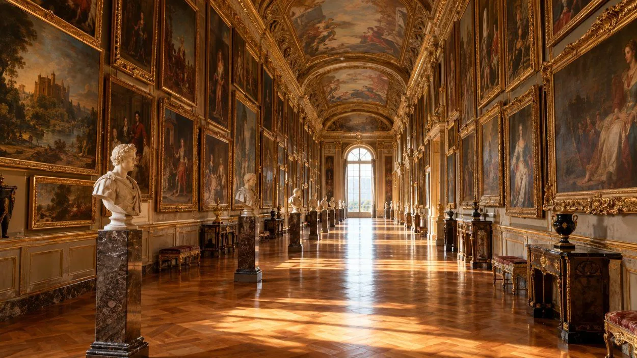 Pictures hung floor to ceiling along one of the four wings