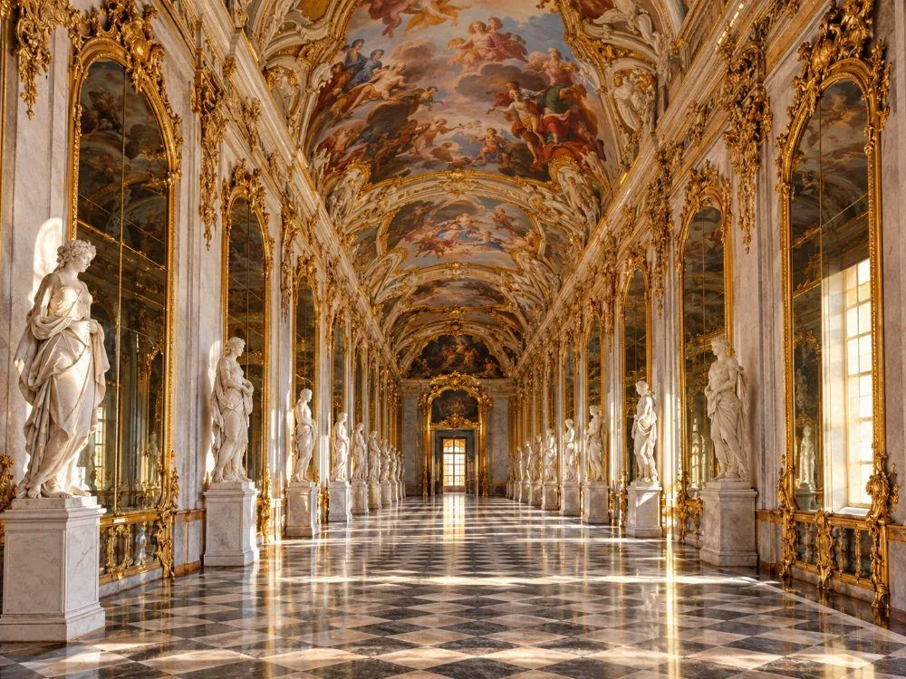 The Hall of Mirrors: gold-framed Venetian mirrors alternating with classical statuary under a frescoed vault, along the second wing.