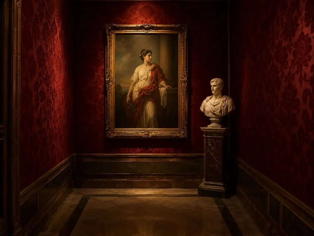 A cabinet room off the route, hung with a single portrait and a marble bust of the same sitter standing beside it.
