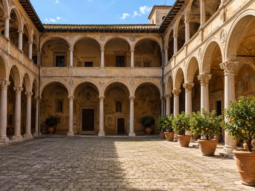 The Renaissance courtyard at the centre of the palazzo, attributed to Bramante, with its arcades running round all four sides.