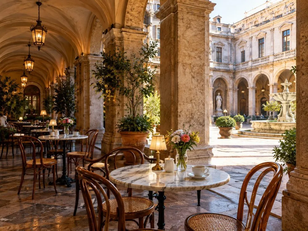 Caff&egrave; Doria under the courtyard arcade, the only place inside the building where you are allowed to eat or drink.