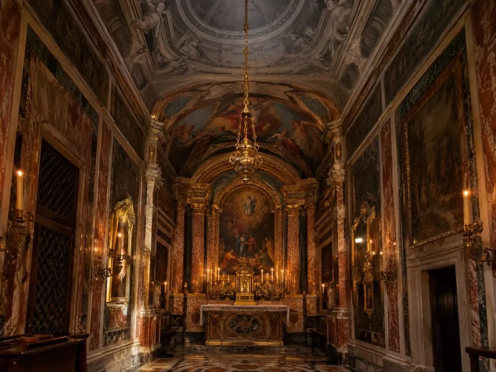 The chapel, designed by Carlo Fontana between 1689 and 1691, with its painted vault and Bernini&rsquo;s gilt bronze hanging lamp.