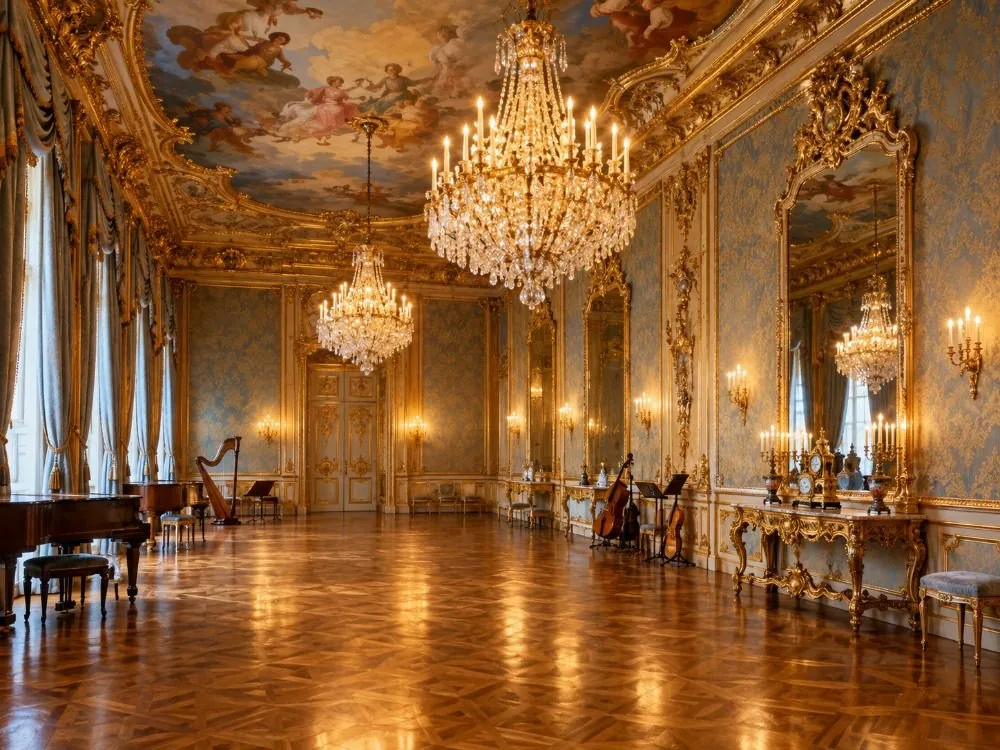 The Ballroom: chandeliers and gilded mirrors under a painted ceiling, with historic instruments along one wall.