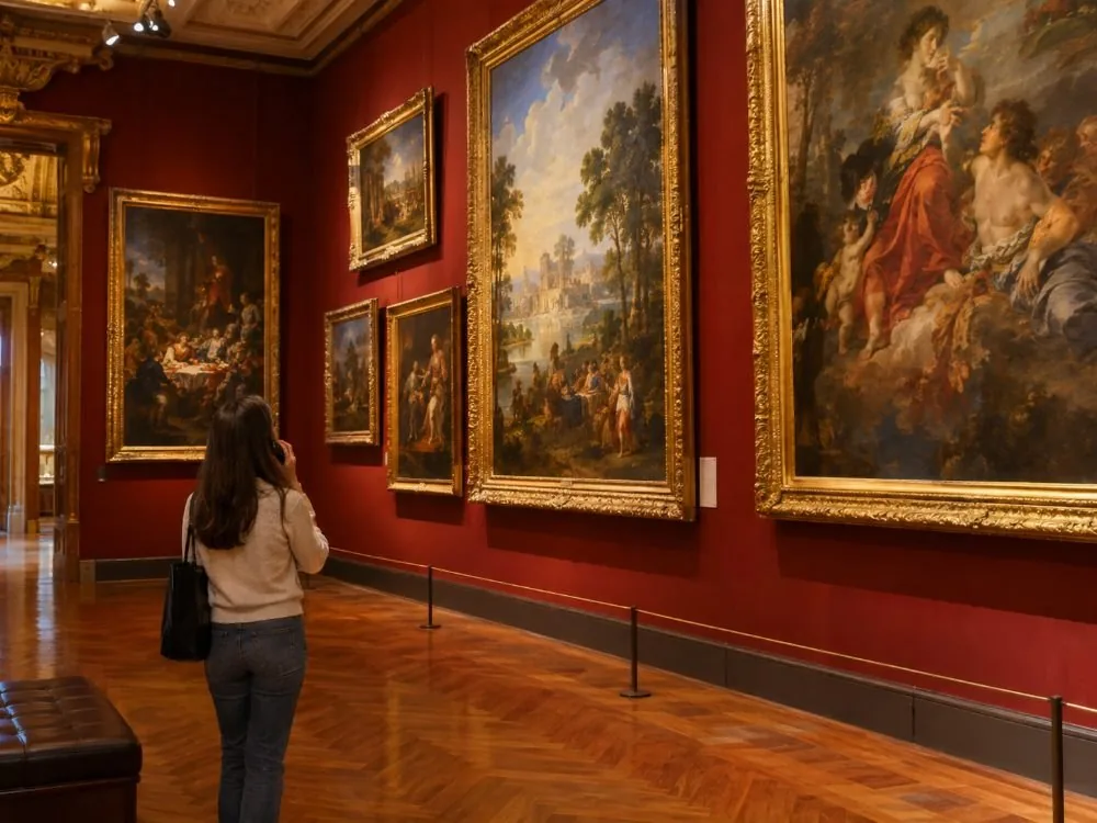 A visitor working along the wall with the audio guide the desk hands out with admission, while supplies last.
